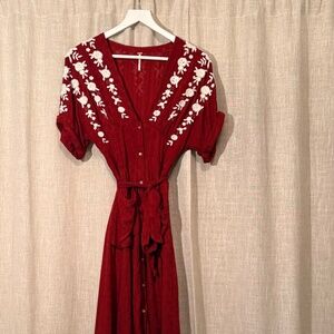 Free People Red Embroidered Button Front Midi Dress